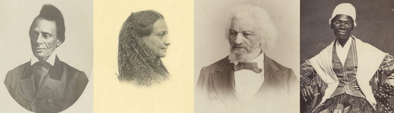 A banner with four b&w photographs of Black men and women: Sojourner Truth, Frederick Douglas, Sarah P. Remond, and Charles Lenox Remond. All four photographs look old and show the person profiled from the shoulders up.